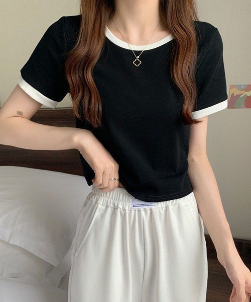 GLAMOROUS JANE(グラマラスジェーン)の「配色半袖クロップド丈Tシャツ(Tシャツ/カットソー・レディース・ブラック/グレー/ブルー・FREE)」の2枚目の写真