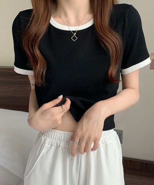 GLAMOROUS JANE(グラマラスジェーン)の「配色半袖クロップド丈Tシャツ(Tシャツ/カットソー・レディース・ブラック/グレー/ブルー・FREE)」の4枚目の写真