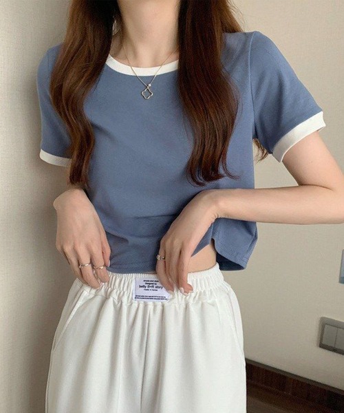 GLAMOROUS JANE(グラマラスジェーン)の「配色半袖クロップド丈Tシャツ(Tシャツ/カットソー・レディース・ブラック/グレー/ブルー・FREE)」の7枚目の写真