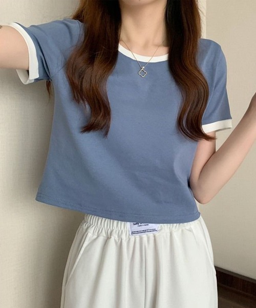 GLAMOROUS JANE(グラマラスジェーン)の「配色半袖クロップド丈Tシャツ(Tシャツ/カットソー・レディース・ブラック/グレー/ブルー・FREE)」の8枚目の写真