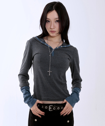 runningHIGH | ストライプボタンスリムフードパーカー[チャコール](パーカー)