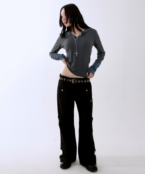 runningHIGH（ランニングハイ）の「ストライプボタンスリムフードパーカー[チャコール]（パーカー・レディース・その他・FREE）」の2枚目の写真