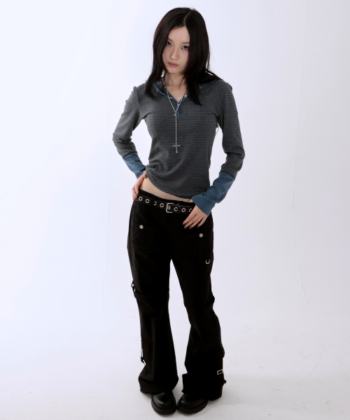 runningHIGH（ランニングハイ）の「ストライプボタンスリムフードパーカー[チャコール]（パーカー・レディース・その他・FREE）」の4枚目の写真