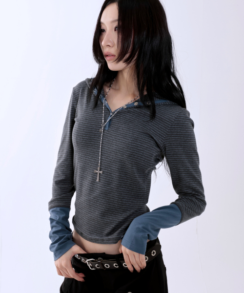 runningHIGH（ランニングハイ）の「ストライプボタンスリムフードパーカー[チャコール]（パーカー・レディース・その他・FREE）」の5枚目の写真