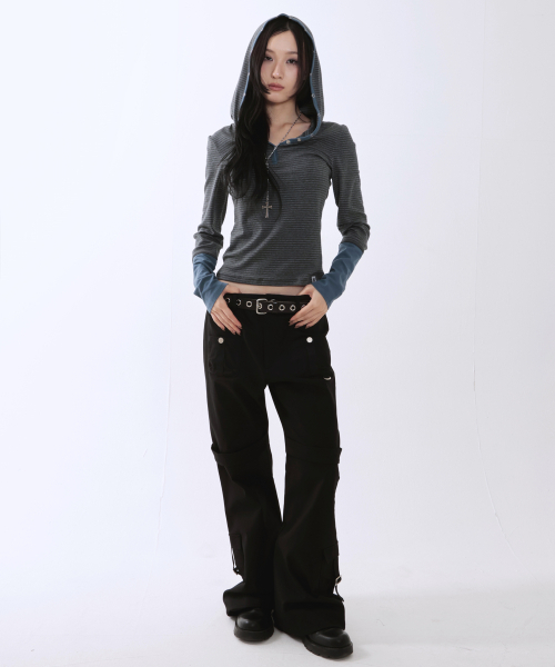 runningHIGH（ランニングハイ）の「ストライプボタンスリムフードパーカー[チャコール]（パーカー・レディース・その他・FREE）」の6枚目の写真