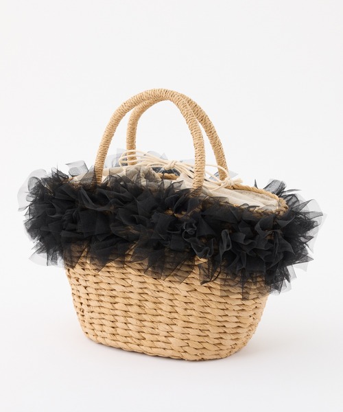 one after another NICE CLAUP（ワンアフターアナザーナイスクラップ）の「チュール付きかごバック（かごバッグ・レディース・ブラック/ライトグレー/ピンク・FREE）」の6枚目の写真