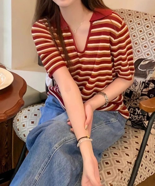 SallyLunn（サリーラン）の「細ボーダーVネック ゆるトップス（その他トップス・レディース・ブラック×グリーン/ブラック/レッド・FREE）」の18枚目の写真
