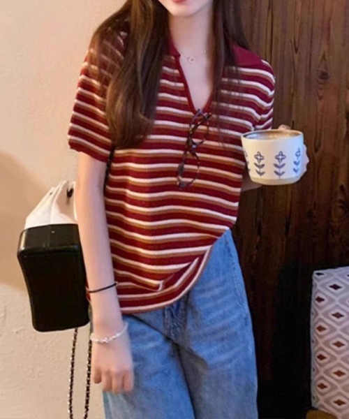 SallyLunn（サリーラン）の「細ボーダーVネック ゆるトップス（その他トップス・レディース・ブラック×グリーン/ブラック/レッド・FREE）」の15枚目の写真