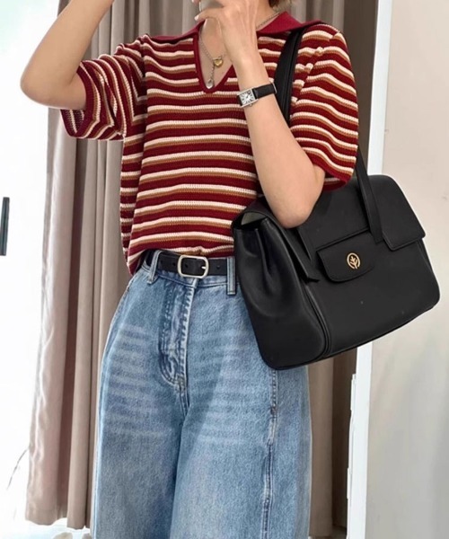 SallyLunn（サリーラン）の「細ボーダーVネック ゆるトップス（その他トップス・レディース・ブラック×グリーン/ブラック/レッド・FREE）」の12枚目の写真