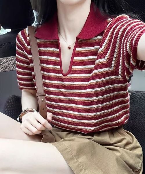 SallyLunn（サリーラン）の「細ボーダーVネック ゆるトップス（その他トップス・レディース・ブラック×グリーン/ブラック/レッド・FREE）」の22枚目の写真