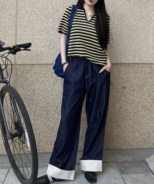 SallyLunn（サリーラン）の「細ボーダーVネック ゆるトップス（その他トップス・レディース・ブラック×グリーン/ブラック/レッド・FREE）」の7枚目の写真