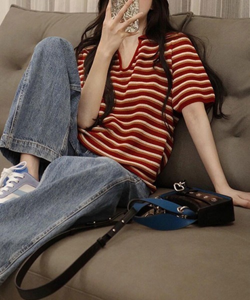 SallyLunn（サリーラン）の「細ボーダーVネック ゆるトップス（その他トップス・レディース・ブラック×グリーン/ブラック/レッド・FREE）」の10枚目の写真