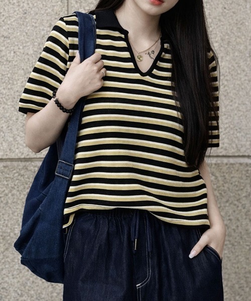 SallyLunn（サリーラン）の「細ボーダーVネック ゆるトップス（その他トップス・レディース・ブラック×グリーン/ブラック/レッド・FREE）」の8枚目の写真