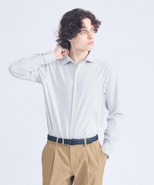 ABAHOUSE（アバハウス）の「【ON/OFF兼用】ストライプ＆デニムライク　360°ストレッチ ワイドカラーシャツ / FLEX SHIRTS（シャツ/ブラウス・メンズ・ホワイト/サックスブルー/インディゴブルー・46/48/44/50）」の2枚目の写真