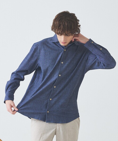 ABAHOUSE（アバハウス）の「【ON/OFF兼用】ストライプ＆デニムライク　360°ストレッチ ワイドカラーシャツ / FLEX SHIRTS（シャツ/ブラウス・メンズ・ホワイト/サックスブルー/インディゴブルー・46/48/44/50）」の3枚目の写真