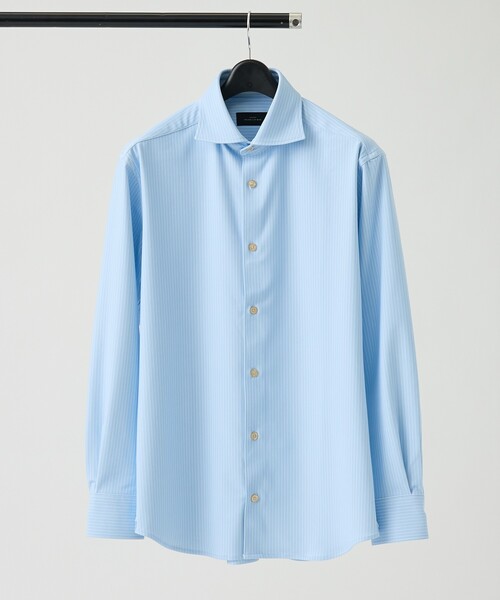 ABAHOUSE（アバハウス）の「【ON/OFF兼用】ストライプ＆デニムライク　360°ストレッチ ワイドカラーシャツ / FLEX SHIRTS（シャツ/ブラウス・メンズ・ホワイト/サックスブルー/インディゴブルー・46/48/44/50）」の9枚目の写真
