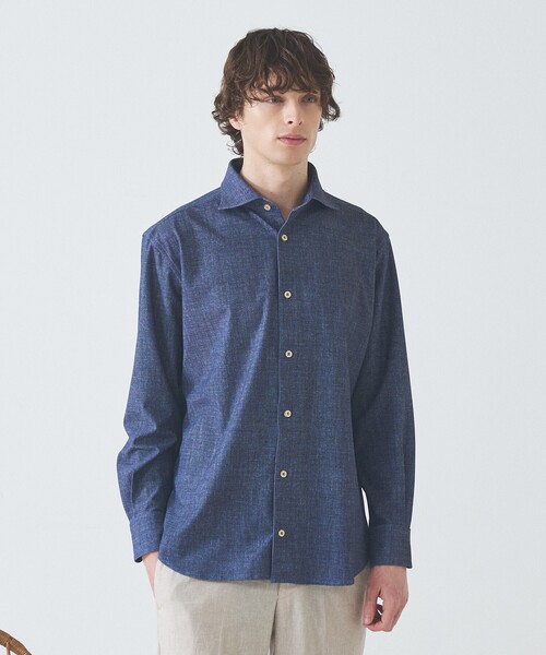 ABAHOUSE（アバハウス）の「【ON/OFF兼用】ストライプ＆デニムライク　360°ストレッチ ワイドカラーシャツ / FLEX SHIRTS（シャツ/ブラウス・メンズ・ホワイト/サックスブルー/インディゴブルー・46/48/44/50）」の5枚目の写真