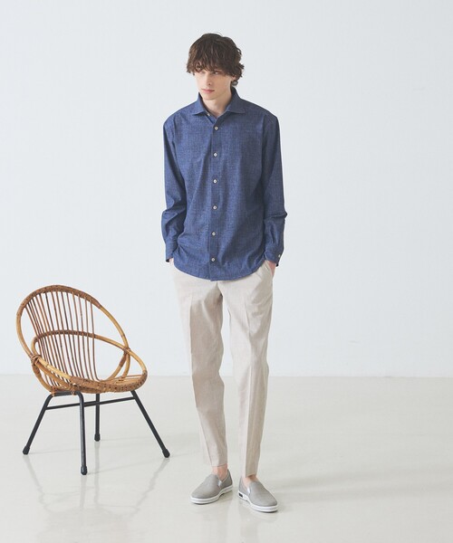 ABAHOUSE（アバハウス）の「【ON/OFF兼用】ストライプ＆デニムライク　360°ストレッチ ワイドカラーシャツ / FLEX SHIRTS（シャツ/ブラウス・メンズ・ホワイト/サックスブルー/インディゴブルー・46/48/44/50）」の4枚目の写真