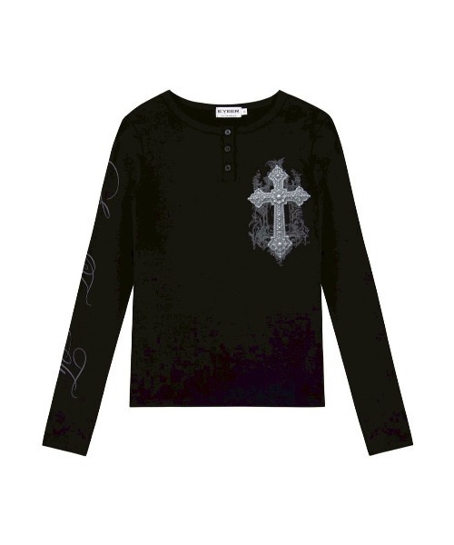 EYEER(イワイイアル)の「【EYEER】Cross Logo Henley Neck Long Sleeve / 【イーワイイーイーアール】クロスロゴヘンリーネック長袖Tシャツ(Tシャツ/カットソー・レディース・ブラック/ホワイト・S)」の17枚目の写真