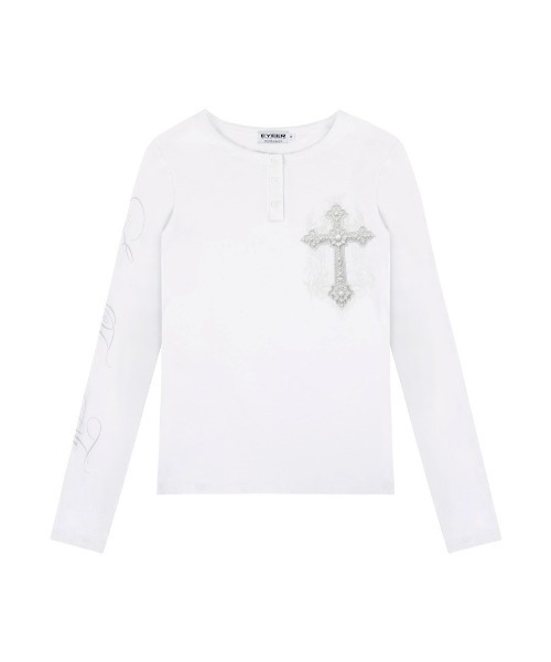 EYEER(イワイイアル)の「【EYEER】Cross Logo Henley Neck Long Sleeve / 【イーワイイーイーアール】クロスロゴヘンリーネック長袖Tシャツ(Tシャツ/カットソー・レディース・ブラック/ホワイト・S)」の8枚目の写真