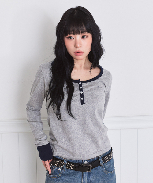 ESCAPEFROM（エスケープフロム）の「エッセンシャルヘンリーネックロングスリーブ [2カラー]（Tシャツ/カットソー・レディース・アイボリー/グレー・MEDIUM）」の3枚目の写真