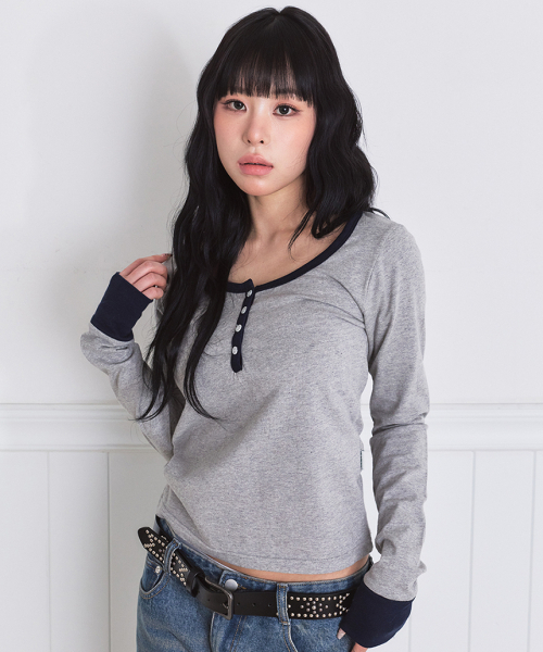 ESCAPEFROM（エスケープフロム）の「エッセンシャルヘンリーネックロングスリーブ [2カラー]（Tシャツ/カットソー・レディース・アイボリー/グレー・MEDIUM）」の4枚目の写真