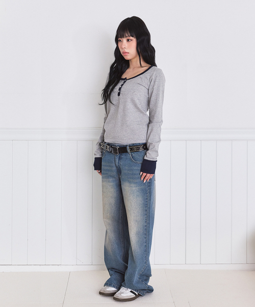 ESCAPEFROM（エスケープフロム）の「エッセンシャルヘンリーネックロングスリーブ [2カラー]（Tシャツ/カットソー・レディース・アイボリー/グレー・MEDIUM）」の7枚目の写真