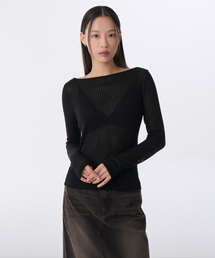 ウィメンズバーチカルシアボートネック長袖Tシャツ[ブラック]