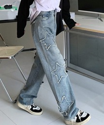 星パッチワークストレートデニムパンツ