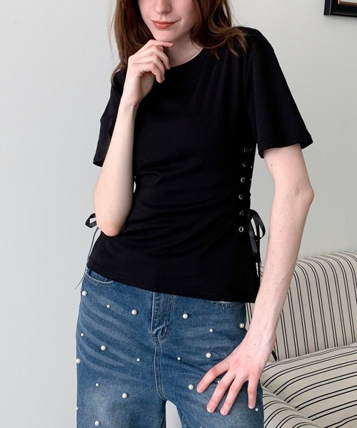 Jasmine Grandiflorum(ジャスミングランディフローラム)の「【Jasmine】サイドリボンタイトTシャツ(Tシャツ/カットソー・レディース・ホワイト/ブラック・FREE)」の10枚目の写真