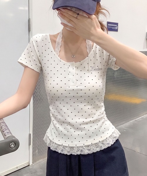 SpRay(スプレイ)の「テレコヘンリーネックホルタートップス(Tシャツ/カットソー・レディース・ブルー/アイボリー/ホワイト×ブラック/ブラック×ホワイト/グレー/ブラック・FREE)」の3枚目の写真