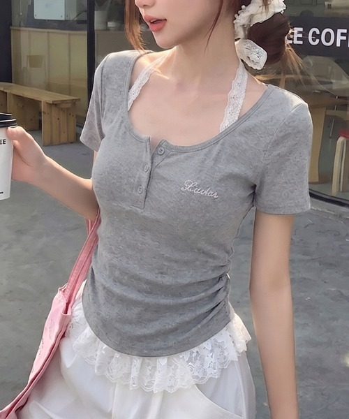 SpRay(スプレイ)の「テレコヘンリーネックホルタートップス(Tシャツ/カットソー・レディース・ブルー/アイボリー/ホワイト×ブラック/ブラック×ホワイト/グレー/ブラック・FREE)」の1枚目の写真