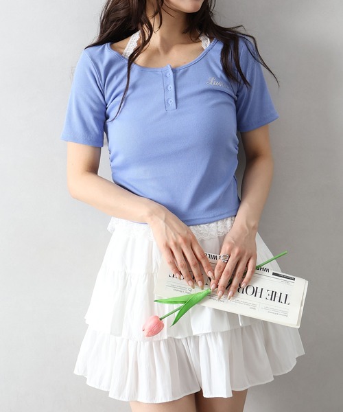 SpRay(スプレイ)の「テレコヘンリーネックホルタートップス(Tシャツ/カットソー・レディース・ブルー/アイボリー/ホワイト×ブラック/ブラック×ホワイト/グレー/ブラック・FREE)」の6枚目の写真