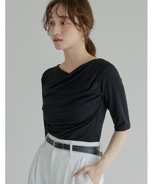 Re:EDIT（リエディ）の「[接触冷感]アンチピリングフライスドレープ半袖Tシャツ（Tシャツ/カットソー・レディース・ブラック/アイボリー/杢グレー/モカ・MEDIUM/LARGE）」の5枚目の写真