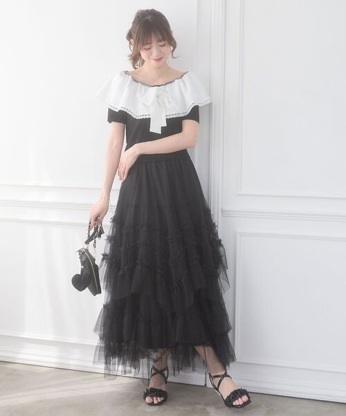 MAJESTIC LEGON(マジェスティックレゴン)の「チュールフリルティアードスカート(スカート・レディース・ブラック/アイボリー/ピンク・MEDIUM)」の9枚目の写真