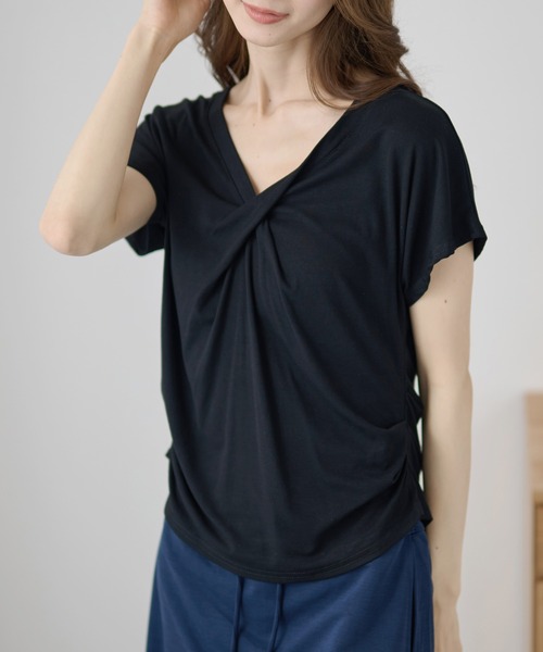 DAYRA(デイラ)の「Vネック ツイスト サイド ギャザー 半袖 カットソー(Tシャツ/カットソー・レディース・ホワイト/ライトブルー/ブラック/パープル/グレー・FREE)」の9枚目の写真
