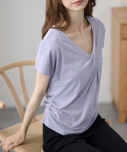 DAYRA(デイラ)の「Vネック ツイスト サイド ギャザー 半袖 カットソー(Tシャツ/カットソー・レディース・ホワイト/ライトブルー/ブラック/パープル/グレー・FREE)」の14枚目の写真