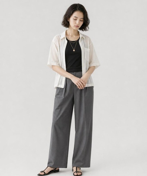 GLOBAL WORK（グローバルワーク）の「シルキータッチシアーシャツ5分袖/636672（シャツ/ブラウス・レディース・オフホワイト/チャコールグレー/カーキ/ブルー・LARGE/MEDIUM）」の8枚目の写真