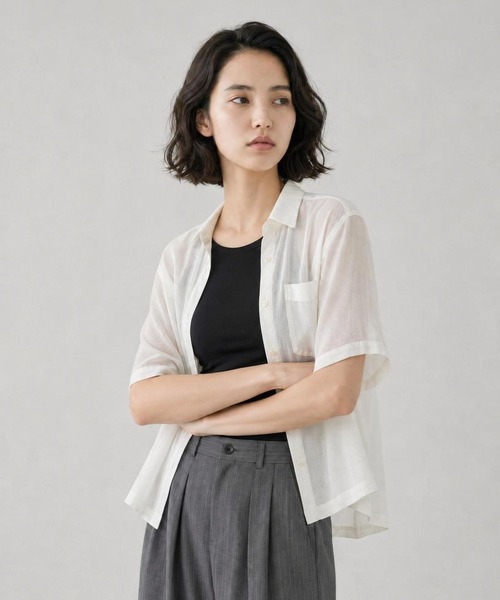GLOBAL WORK（グローバルワーク）の「シルキータッチシアーシャツ5分袖/636672（シャツ/ブラウス・レディース・オフホワイト/チャコールグレー/カーキ/ブルー・LARGE/MEDIUM）」の11枚目の写真