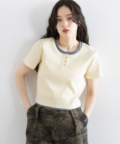 RAGEBLUE(レイジブルー)の「バイカラー/レイヤードヘンリーネックミニTシャツ(Tシャツ/カットソー・レディース・ブラウン/グレー/オフホワイト・FREE)」の19枚目の写真