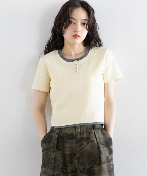 RAGEBLUE(レイジブルー)の「バイカラー/レイヤードヘンリーネックミニTシャツ(Tシャツ/カットソー・レディース・ブラウン/グレー/オフホワイト・FREE)」の20枚目の写真