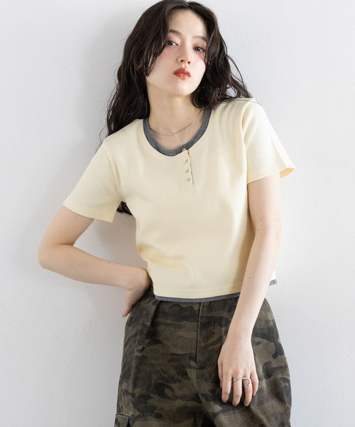 RAGEBLUE(レイジブルー)の「バイカラー/レイヤードヘンリーネックミニTシャツ(Tシャツ/カットソー・レディース・ブラウン/グレー/オフホワイト・FREE)」の21枚目の写真