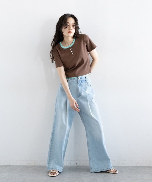 RAGEBLUE(レイジブルー)の「バイカラー/レイヤードヘンリーネックミニTシャツ(Tシャツ/カットソー・レディース・ブラウン/グレー/オフホワイト・FREE)」の15枚目の写真