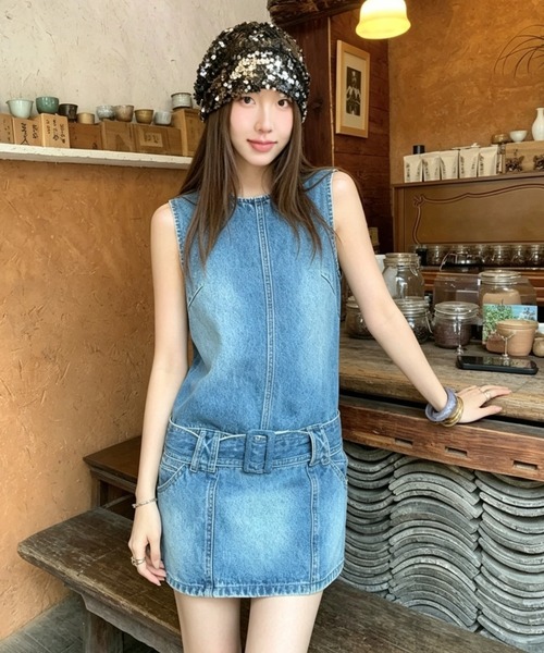 FAVORITO(ファヴォリート)の「ノースリーブ デニムワンピース(ワンピース・レディース・ブルー・S/M/L/XL)」の5枚目の写真
