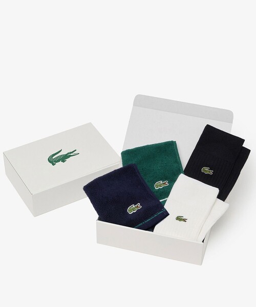 LACOSTE(ラコステ)の「【EC限定ギフトbox付き】ラインハンカチタオル& 3×2リブソックスギフトセット(ソックス/靴下・メンズ・ブルー/グリーン・27.0cm)」の2枚目の写真