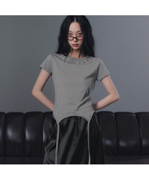 ズエルアイレットストラップスリット半袖Tシャツ_グレー