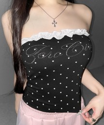 【 ２color 】ラインストーンドットフリルベアトップス ／ Rhinestone dot frill bare tops