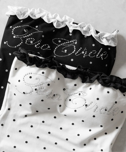 me+em select（ミームセレクト）の「【 ２color 】ラインストーンドットフリルベアトップス ／ Rhinestone dot frill bare tops（チューブトップ・レディース・ホワイト/ブラック・FREE）」の4枚目の写真