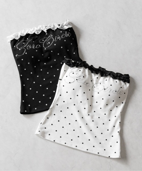 me+em select（ミームセレクト）の「【 ２color 】ラインストーンドットフリルベアトップス ／ Rhinestone dot frill bare tops（チューブトップ・レディース・ホワイト/ブラック・FREE）」の5枚目の写真