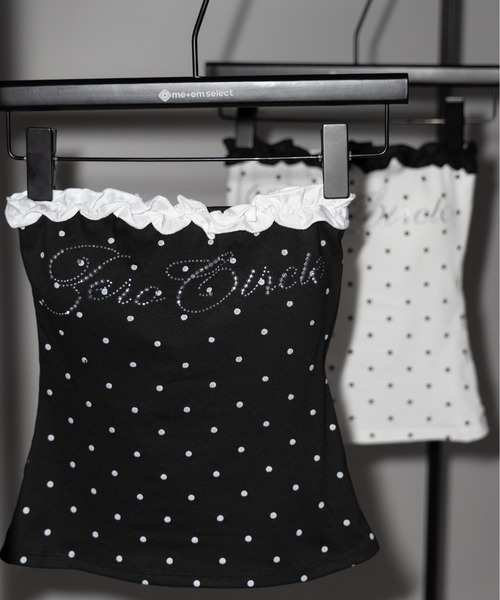 me+em select（ミームセレクト）の「【 ２color 】ラインストーンドットフリルベアトップス ／ Rhinestone dot frill bare tops（チューブトップ・レディース・ホワイト/ブラック・FREE）」の7枚目の写真